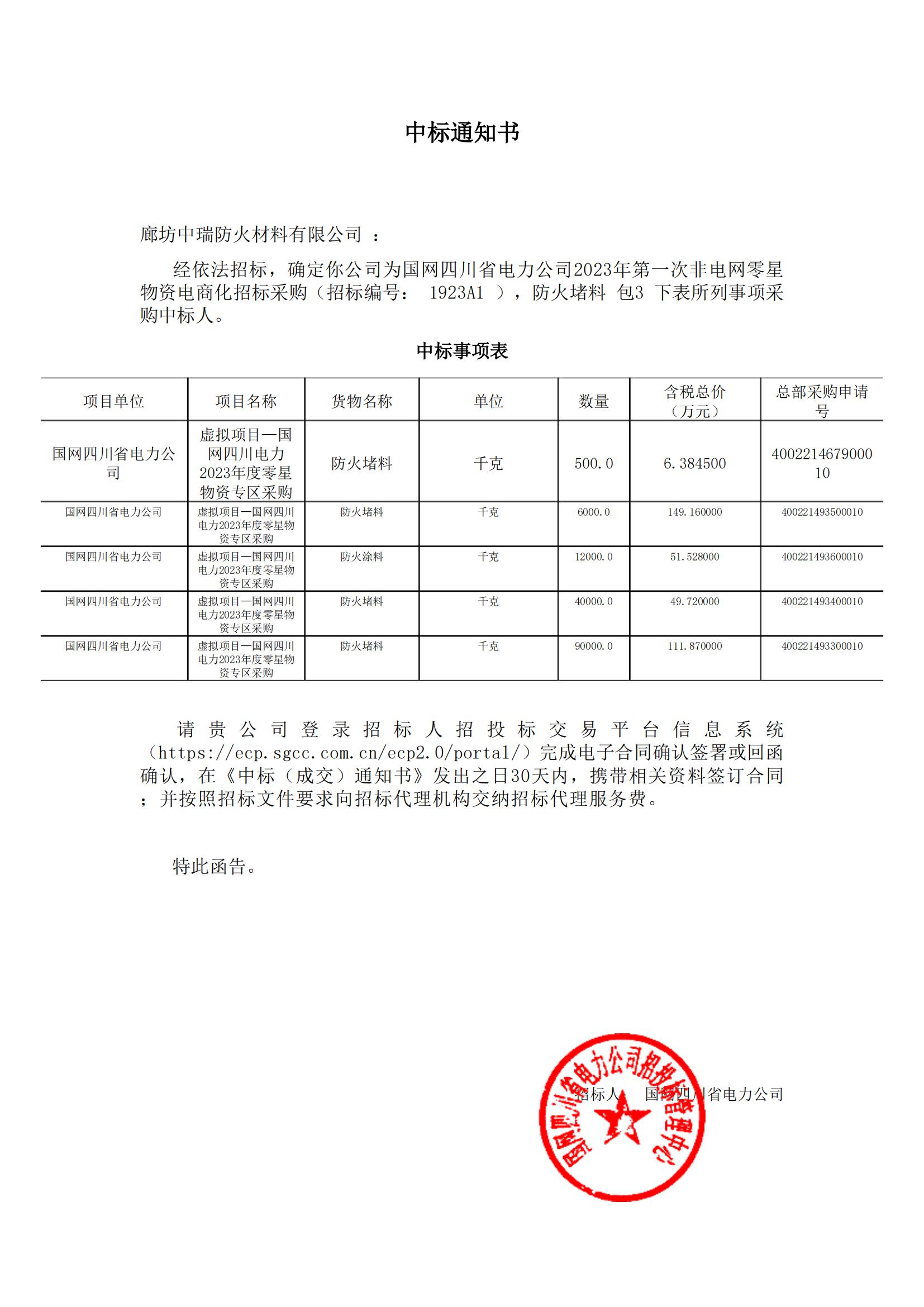 四川中標通知書